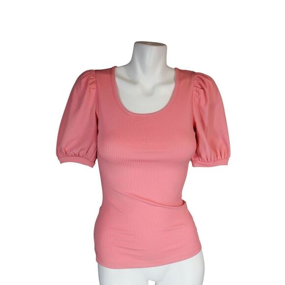 ✨Rachel Parcell Ribbed Puff Sleeve Peachy Sz Medium Tee✨ - Picture 8 of 12